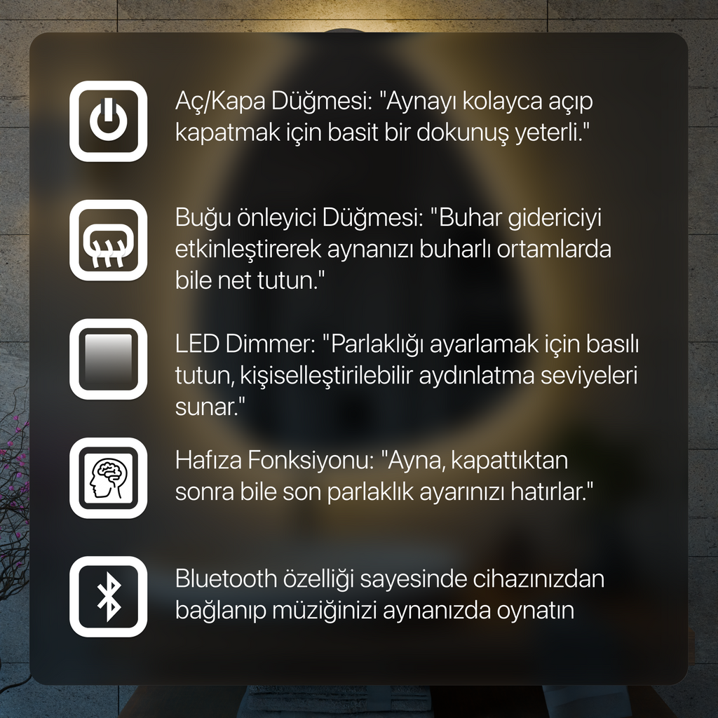 Bluetoothlu, Buğu Çözücülü, Dokunmatik LEDli Dikdörtgen Ayna - Beyaz Işık