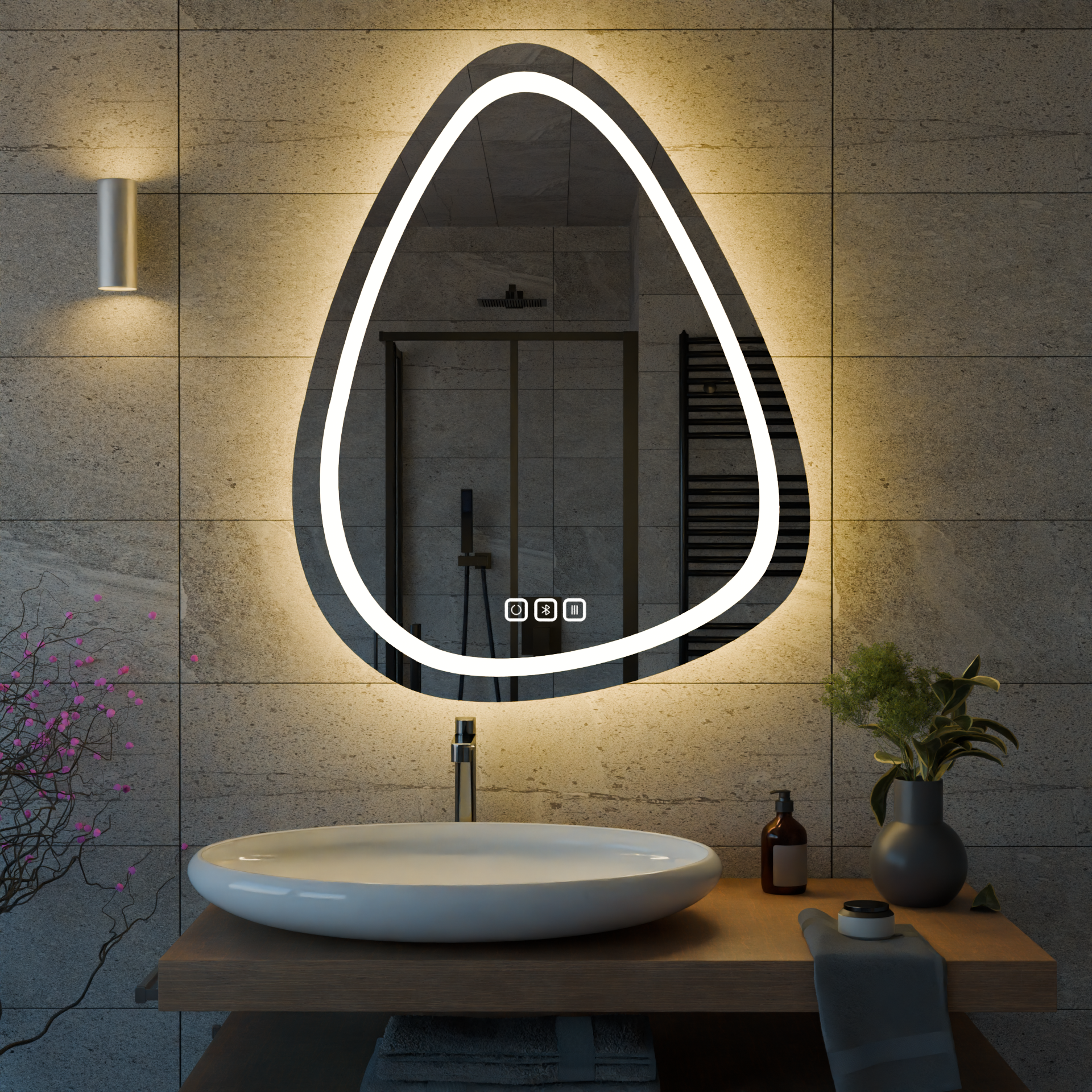Bluetoothlu, Buğu Çözücülü, Dokunmatik LEDli Asimetrik Ayna - Gün Işığı