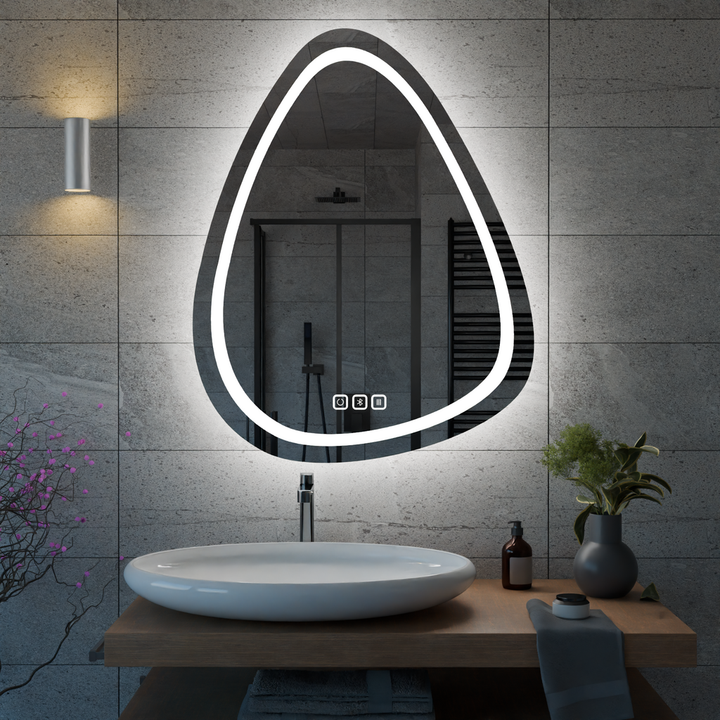 Bluetoothlu, Buğu Çözücülü, Dokunmatik LEDli Asimetrik Ayna - Beyaz Işık