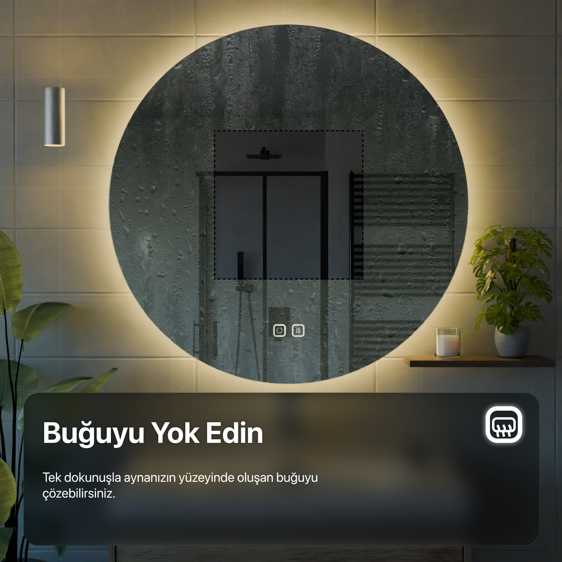 Bluetoothlu, Buğu Çözücülü, Dokunmatik LEDli Asimetrik Ayna - Gün Işığı