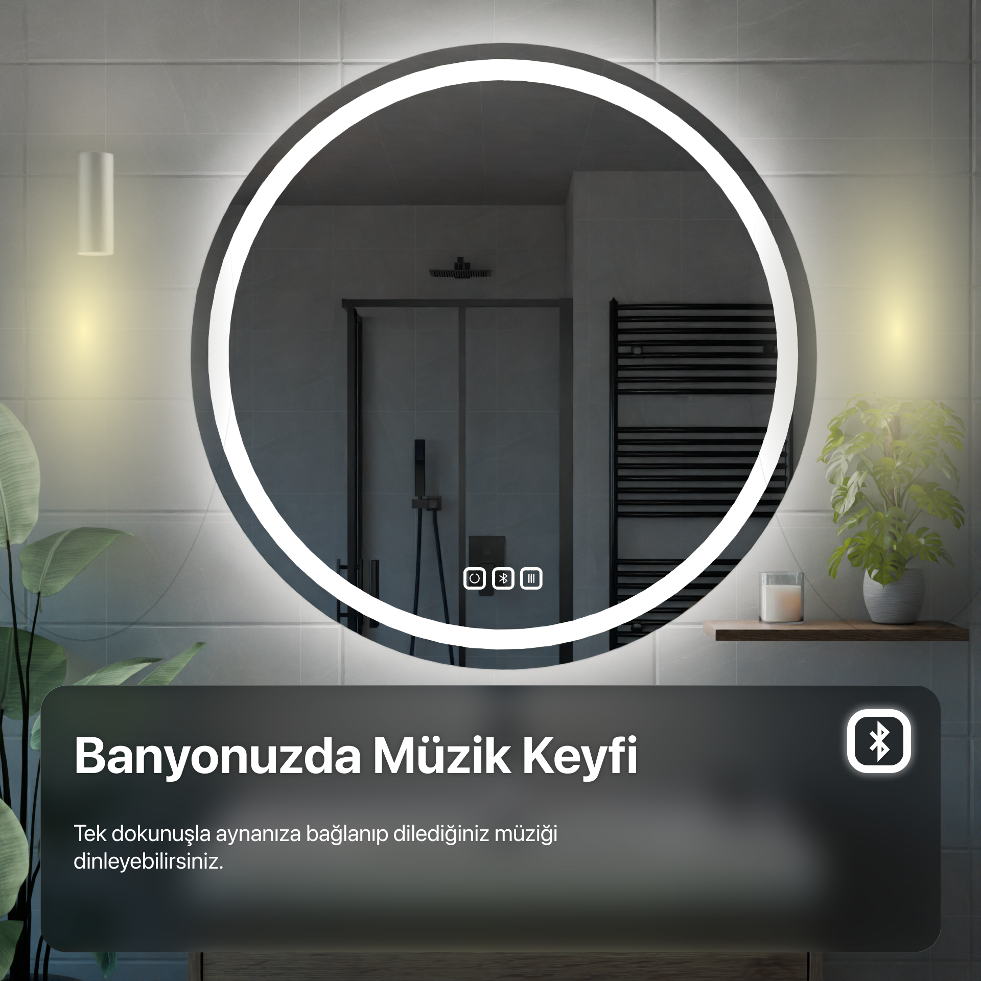 Bluetoothlu, Buğu Çözücülü, Dokunmatik LEDli Dikdörtgen Ayna - Gün Işığı