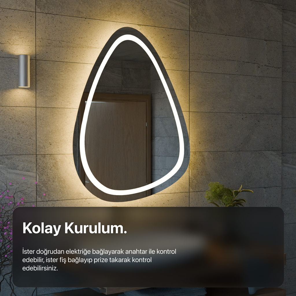 Bluetoothlu, Buğu Çözücülü, Dokunmatik LEDli Asimetrik Ayna - Gün Işığı