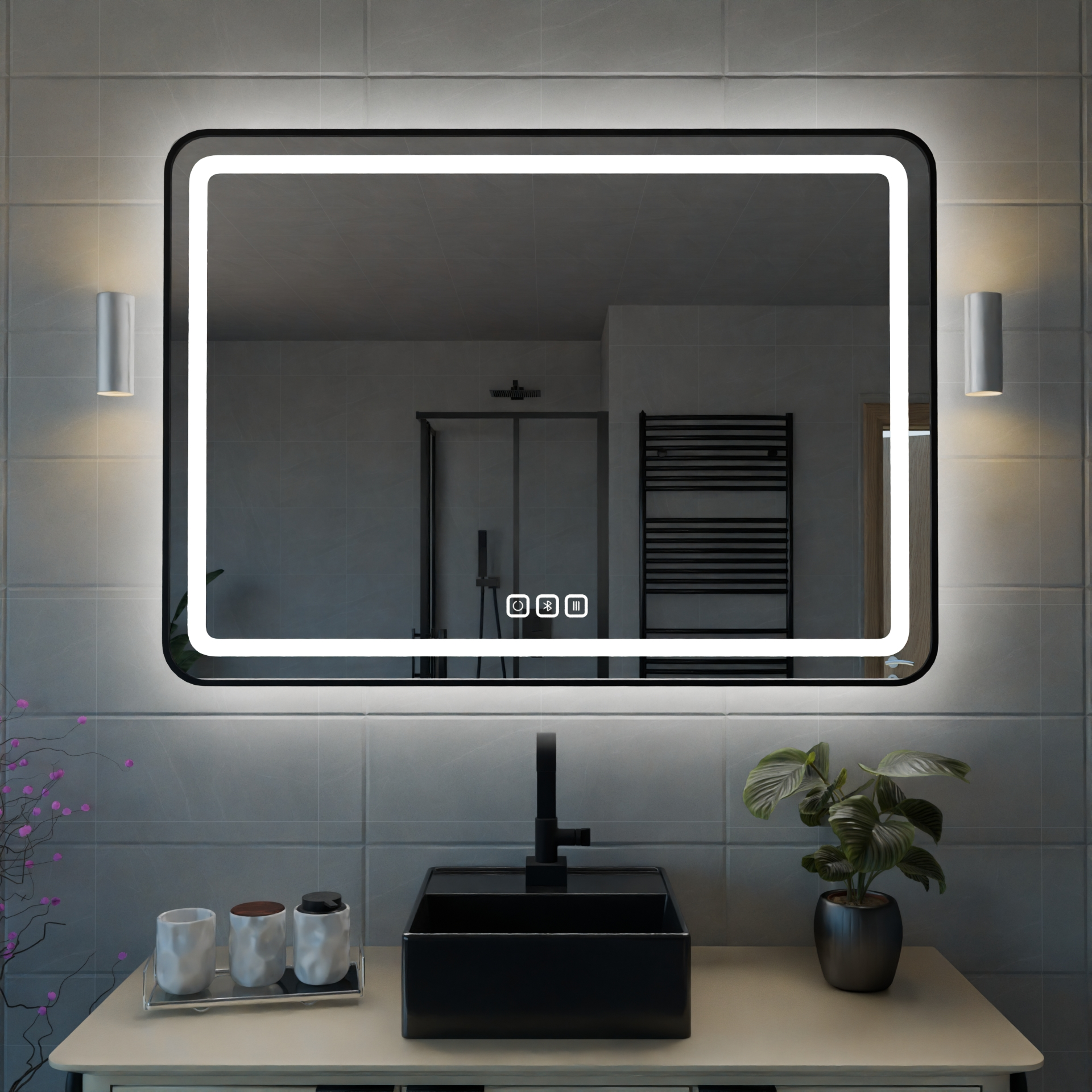 Bluetoothlu, Buğu Çözücülü, Dokunmatik LEDli Dikdörtgen Ayna - Beyaz Işık