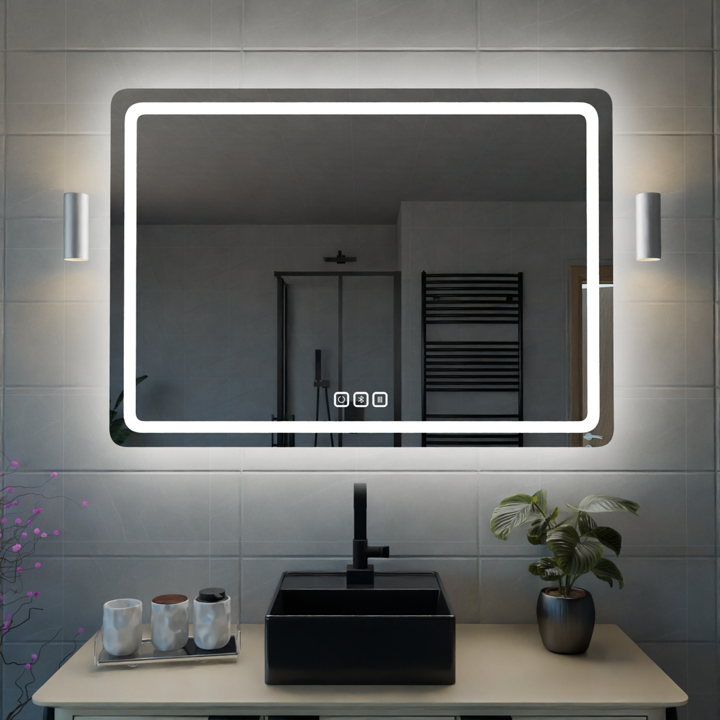Bluetoothlu, Buğu Çözücülü, Dokunmatik LEDli Dikdörtgen Ayna - Beyaz Işık