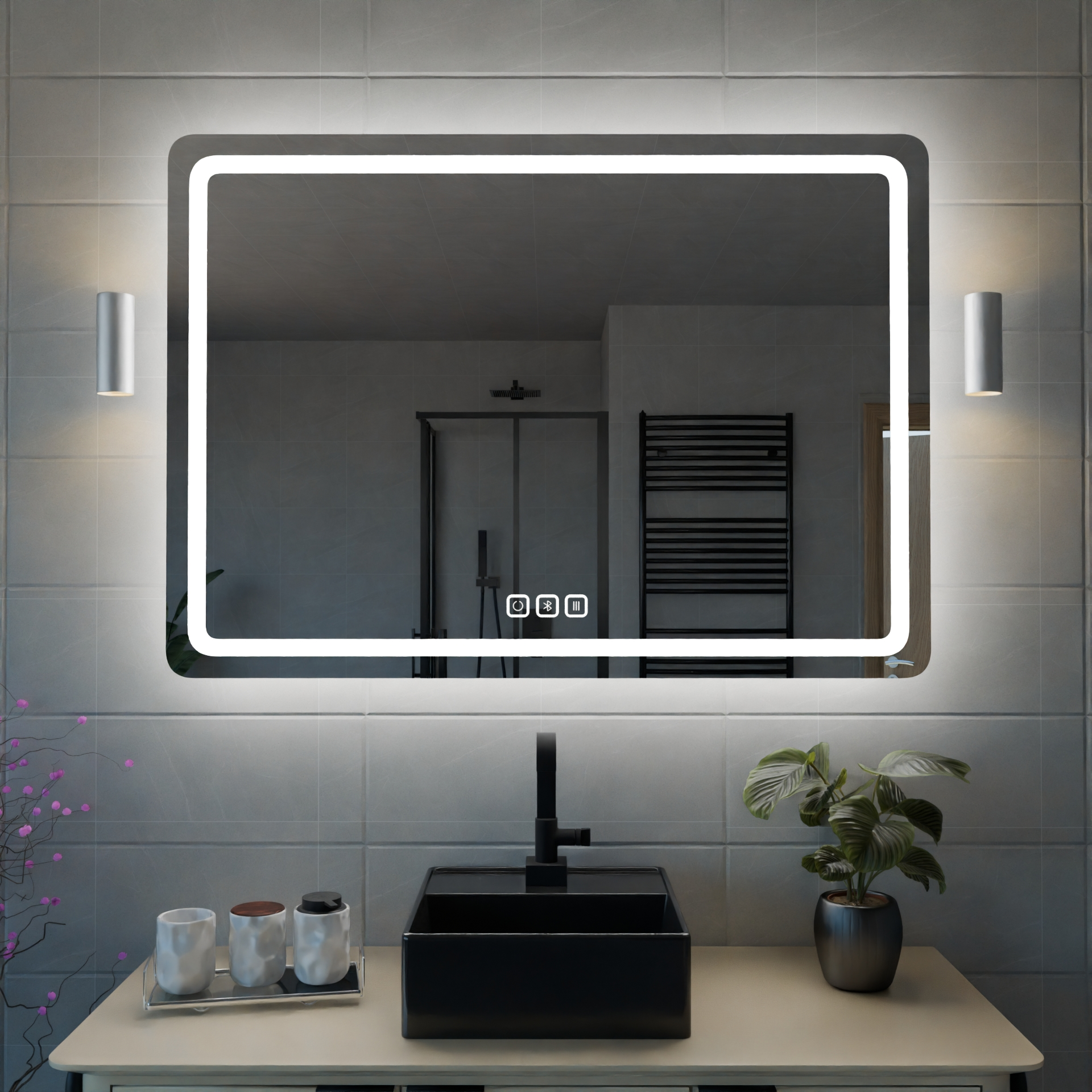 Bluetoothlu, Buğu Çözücülü, Dokunmatik LEDli Dikdörtgen Ayna - Beyaz Işık